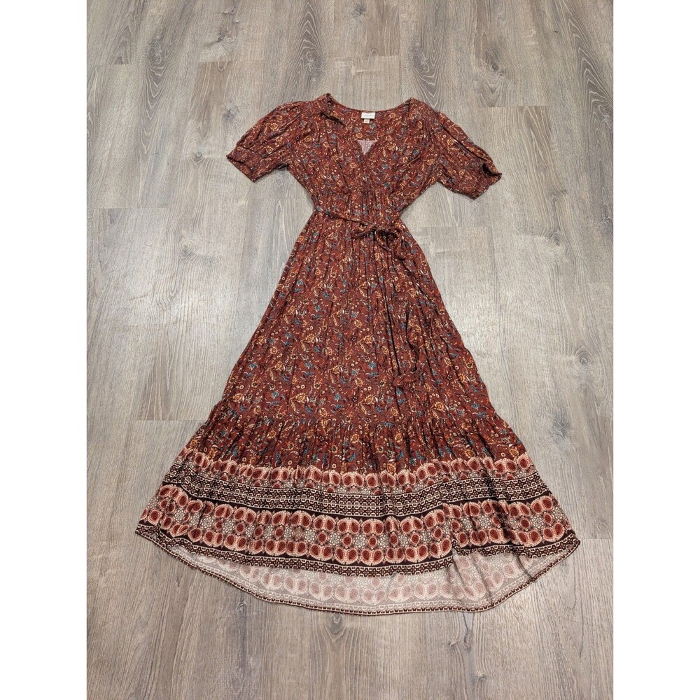 Knox Rose Boho Paisley Tiered Maxi Dress Puff Short Sleeve Rust Cognac Large